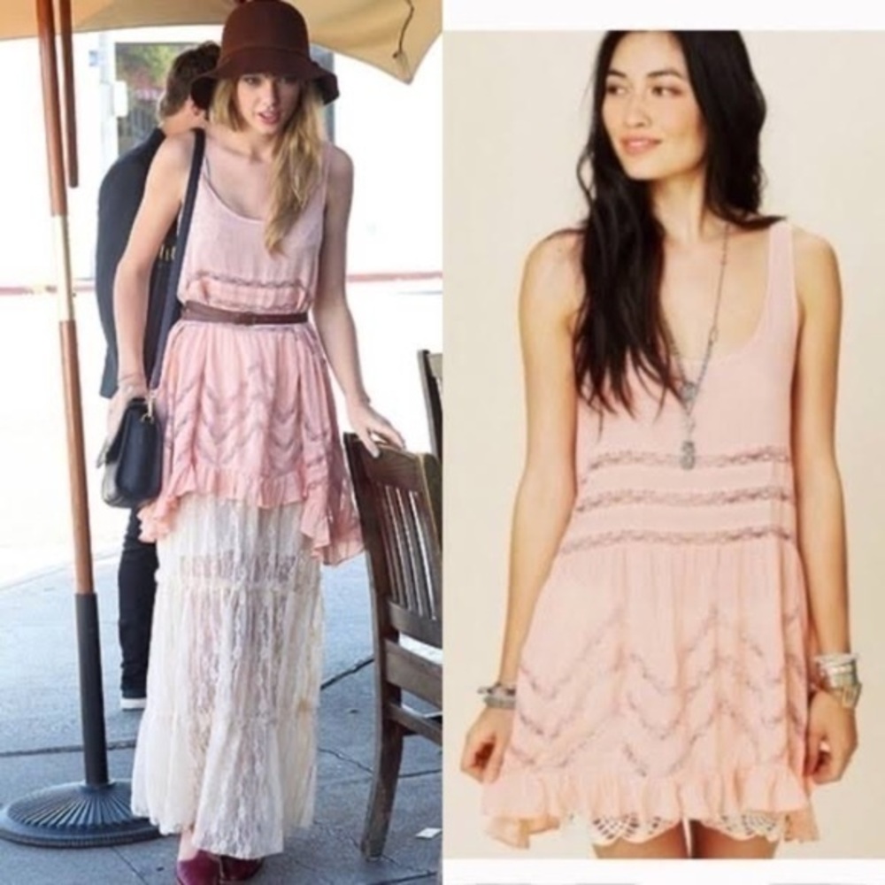 Free People | Voile and Lace Trapeze Slip | XS​  Pink polka dot oversized
